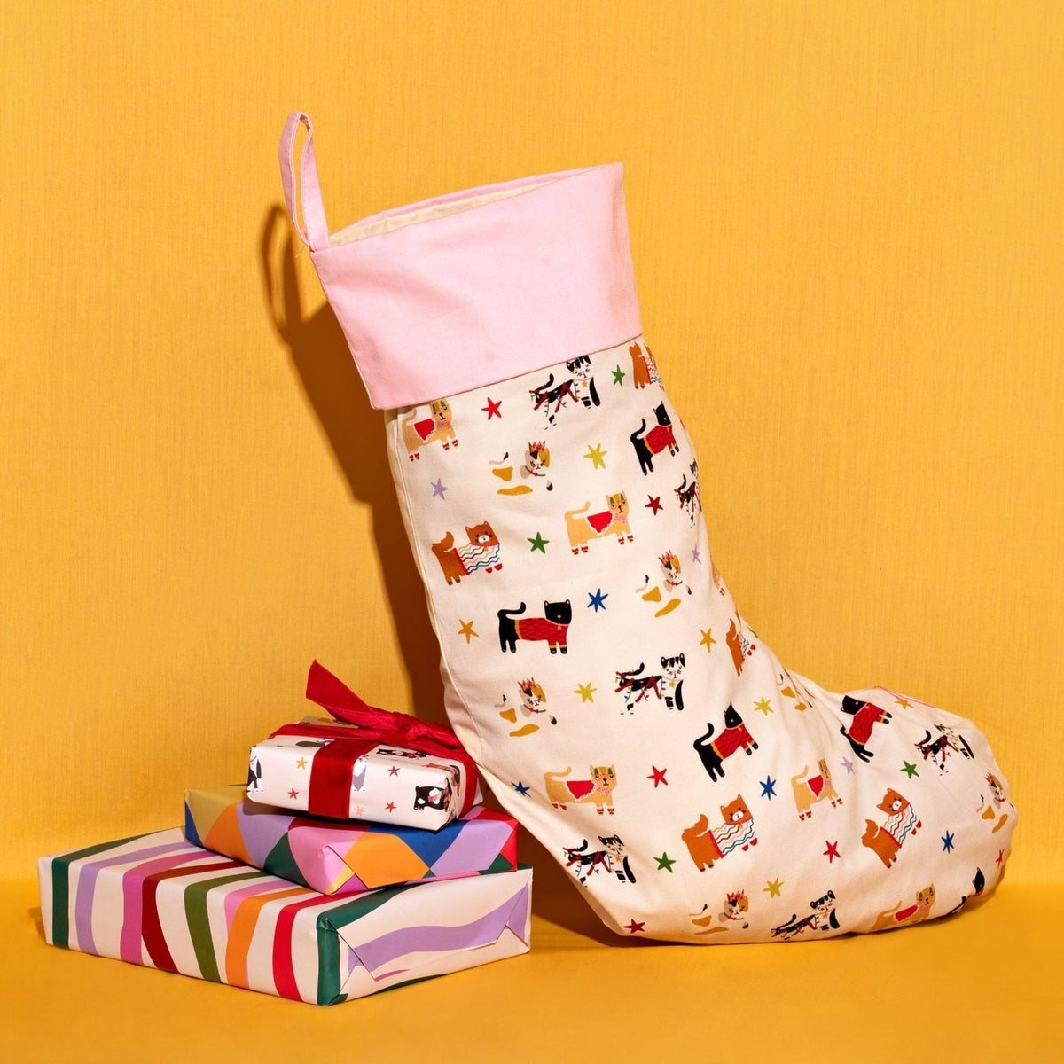 'Santa Paws Stop Here' Cats Christmas Stocking - Cream & Pink