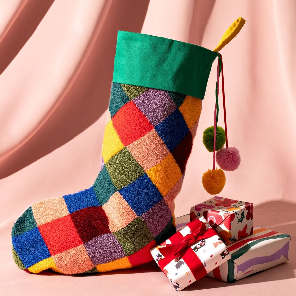Checkered Christmas Stocking with Green Cuff and Pompoms