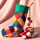 Checkered Christmas Stocking with Green Cuff and Pompoms