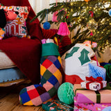 Checkered Christmas Stocking with Green Cuff and Pompoms