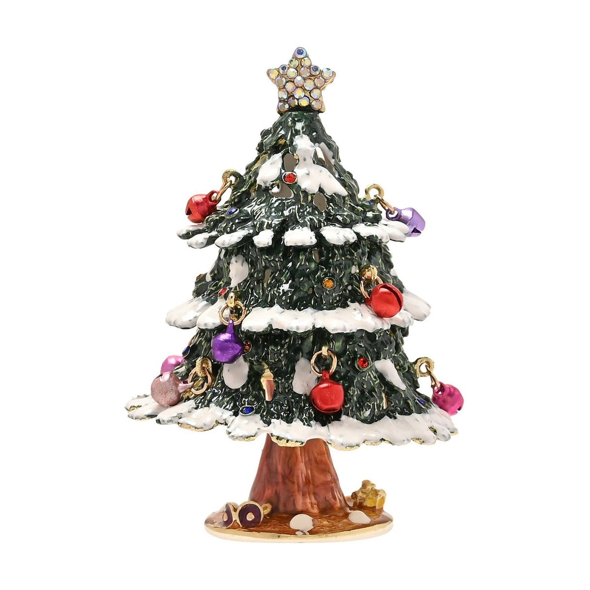 Snowy Christmas Tree Hinged Trinket Box with Bells - Green