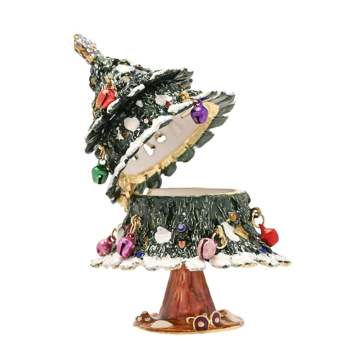 Snowy Christmas Tree Hinged Trinket Box with Bells - Green
