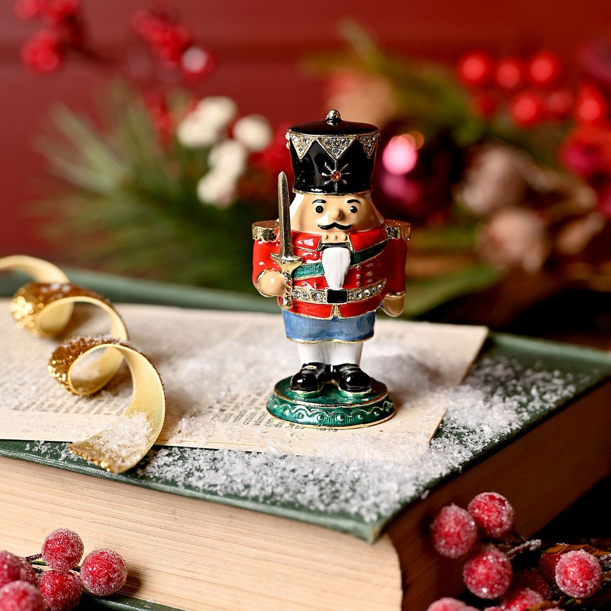 Christmas Nutcracker Metal Trinket Box with Hinged Lid - Red