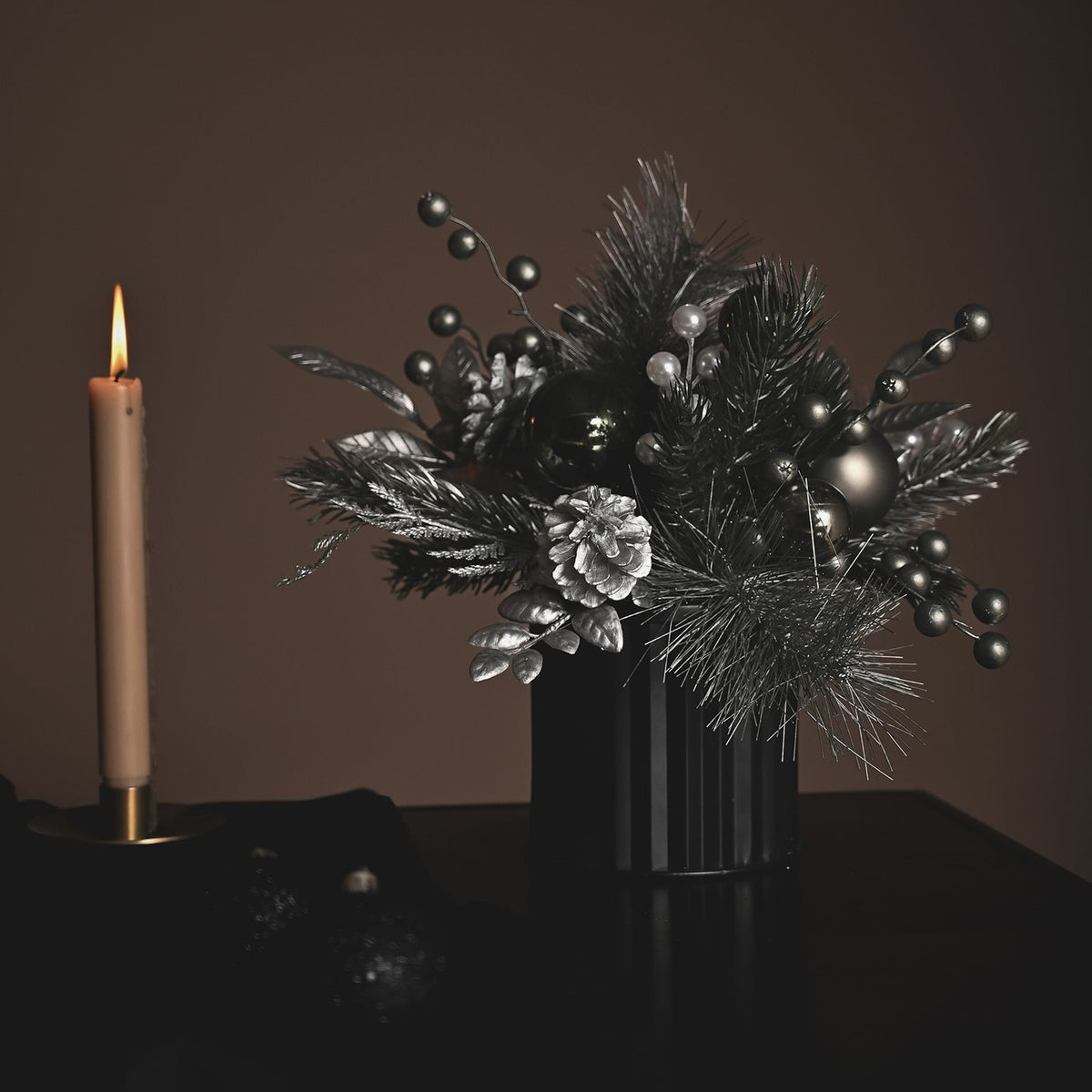 Bellivane Pine and Bauble Faux Plant 30.5cm - Green & Black