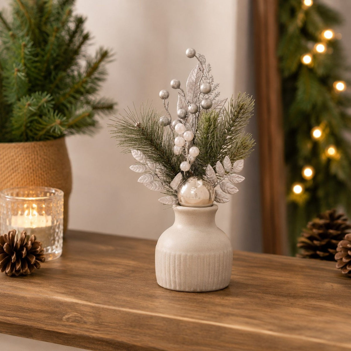 Pine Needle Foliage & Baubles Stem Faux Plant 40.6cm - Green