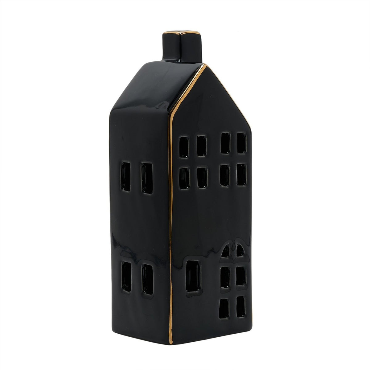 Tall LED House Ceramic Light-Up Decoration 20cm - Black