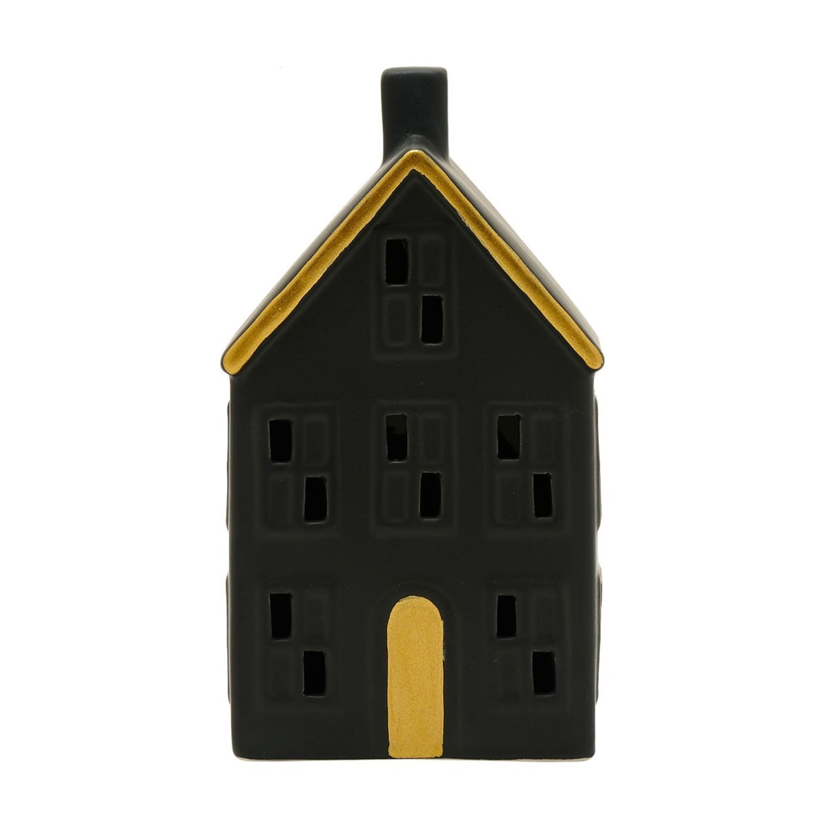 LED House Light-Up Decoration with Gold Trim Door - Black