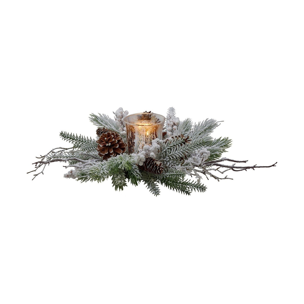 Snowy Wreath Candle Holder with Pine Foliage & Cones - Green