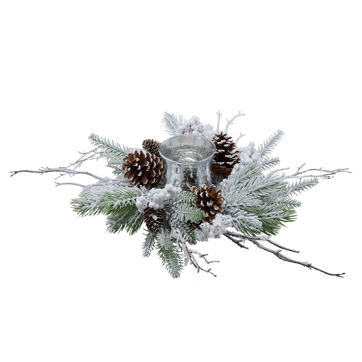 Snowy Wreath Candle Holder with Pine Foliage & Cones - Green