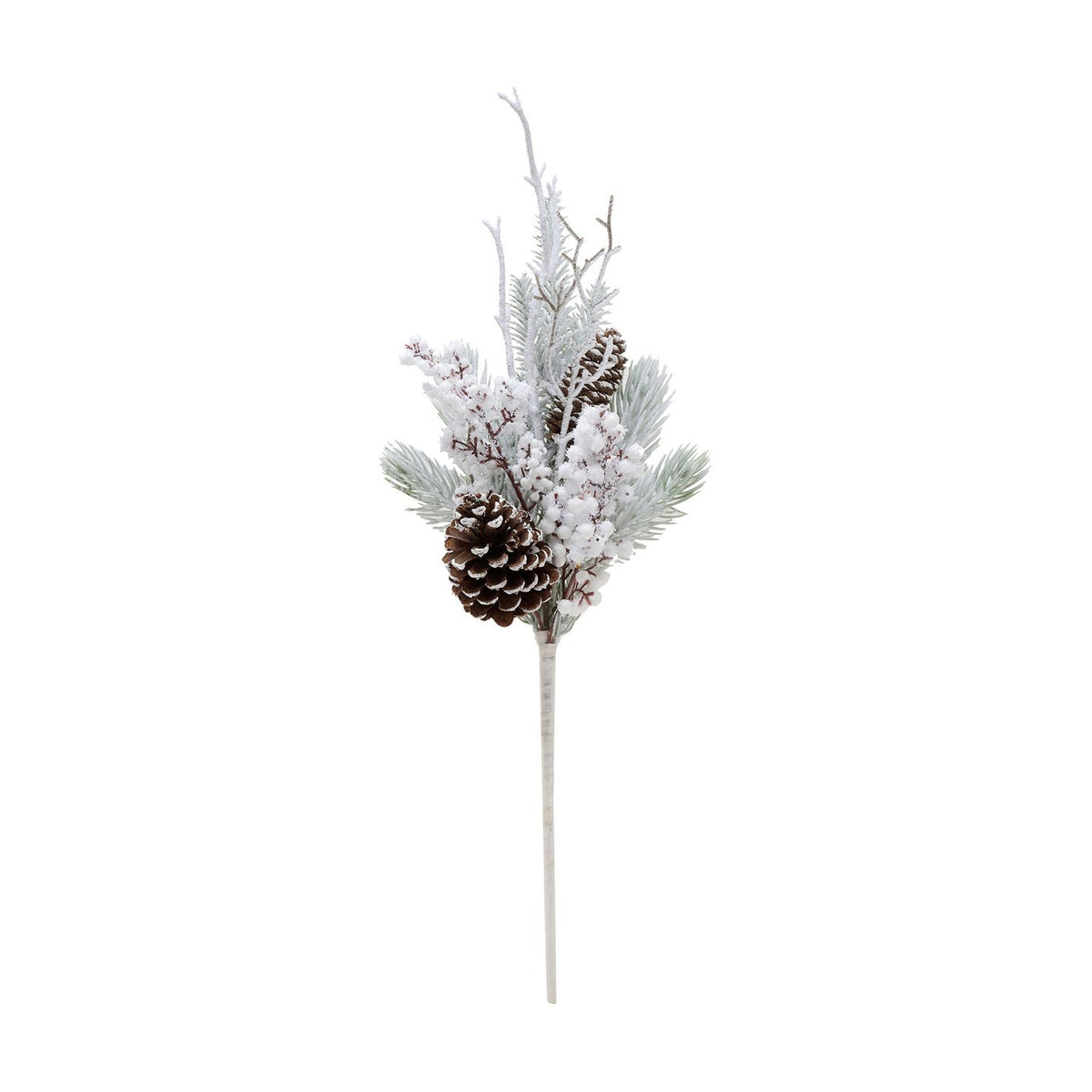 Faux snowy pine stem, 60.9cm, with frosted green needles, white berry clusters, two brown pine cones tipped in white, and slender frosted twigs on a pale stem, shown against a plain white background.