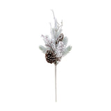 Faux snowy pine stem, 60.9cm, with frosted green needles, white berry clusters, two brown pine cones tipped in white, and slender frosted twigs on a pale stem, shown against a plain white background.