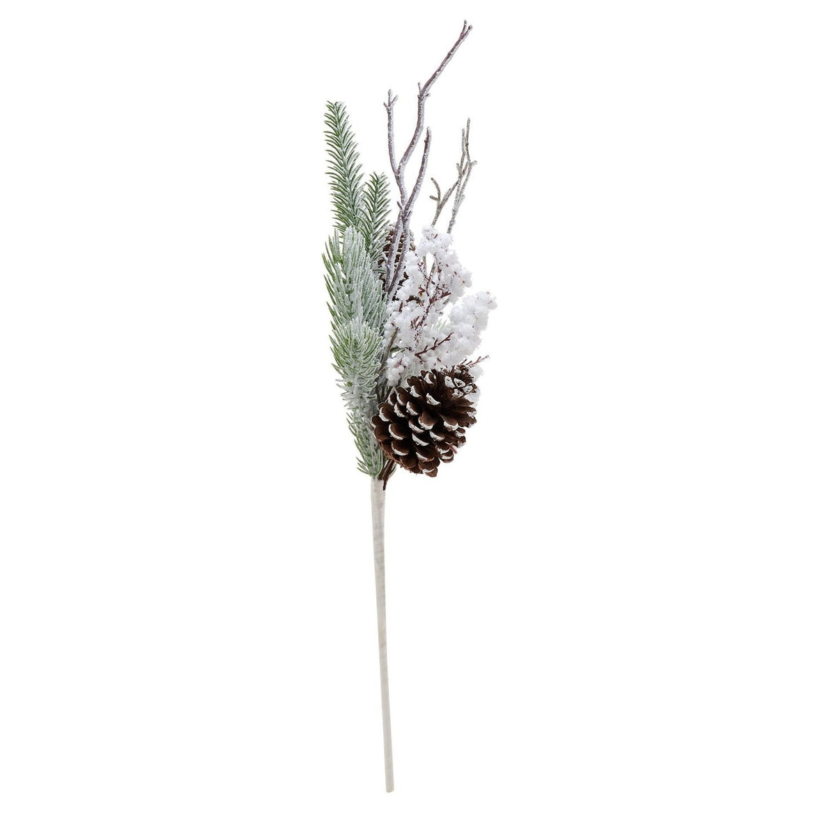 Faux snowy pine stem, 60.9cm, with frosted green pine needles, white-tipped pinecones and berry clusters on a pale stem, shown against a plain white background.