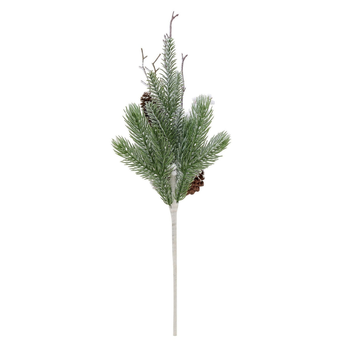 Snowy Pine Stem faux plant, 60.9cm, with frosted green pine needle sprays, two white-tipped pine cones, slender frosted twigs and a pale stem, shown against a plain white background.