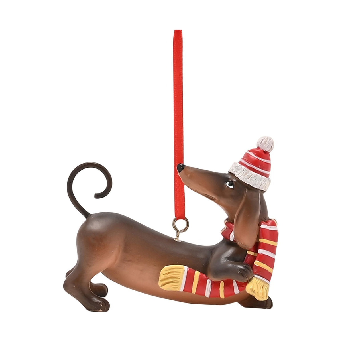 Dachshund in Hat Hanging Tree Ornament Resin Figurine - Brown