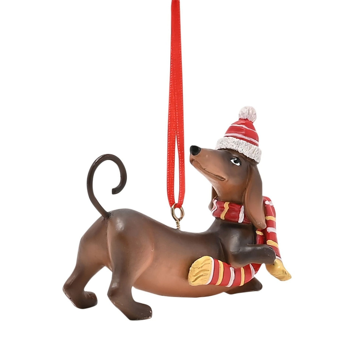 Dachshund in Hat Hanging Tree Ornament Resin Figurine - Brown