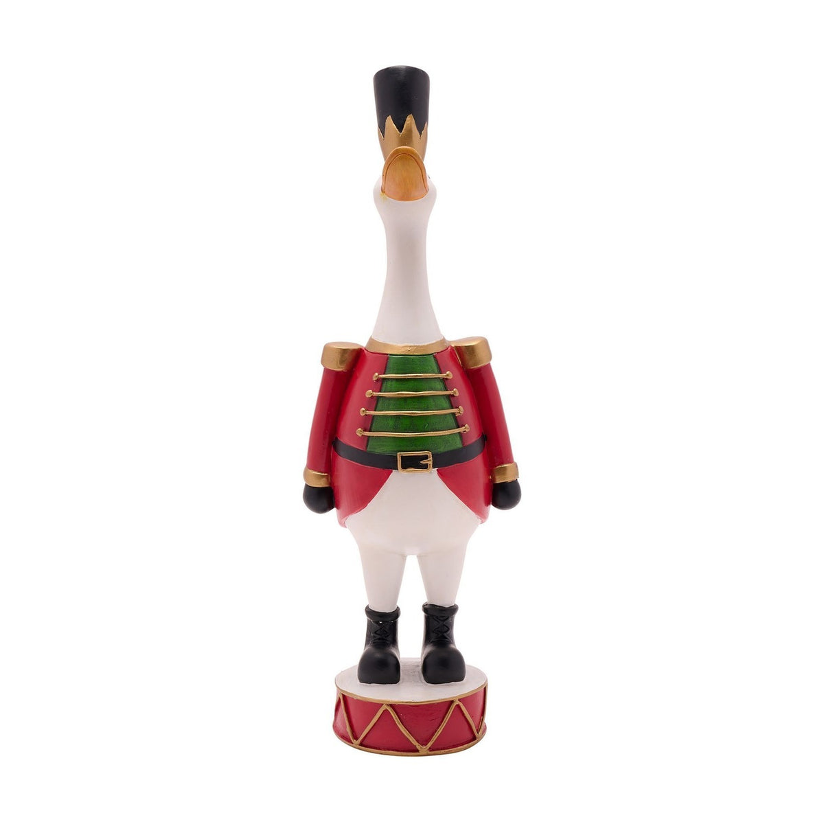 Christmas Soldier Duck Figurine, 30.7cm resin duck in red tunic with gold epaulettes, green chest panel, black hat and boots, standing on a red drum base, plain white background.
