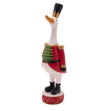 Red resin Christmas soldier duck figurine on a drum base, 30.7cm, with black hat, red tunic, gold epaulettes, green chest panel, and black boots.