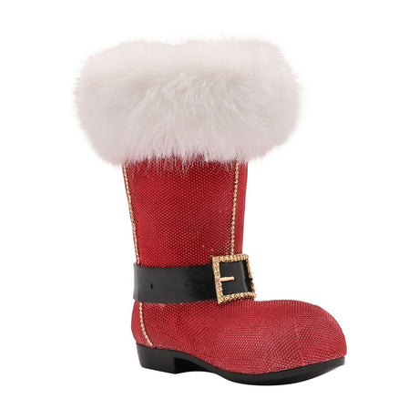 Red resin Christmas boot wine bottle holder with white fluffy cuff, black belt and gold buckle, gold beading trim, and black heel on a white background.