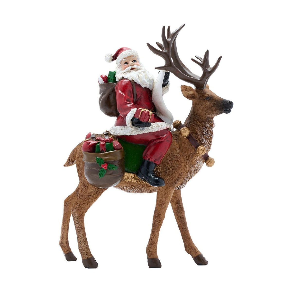 Father Christmas on Reindeer Resin Figurine with Bells - Red