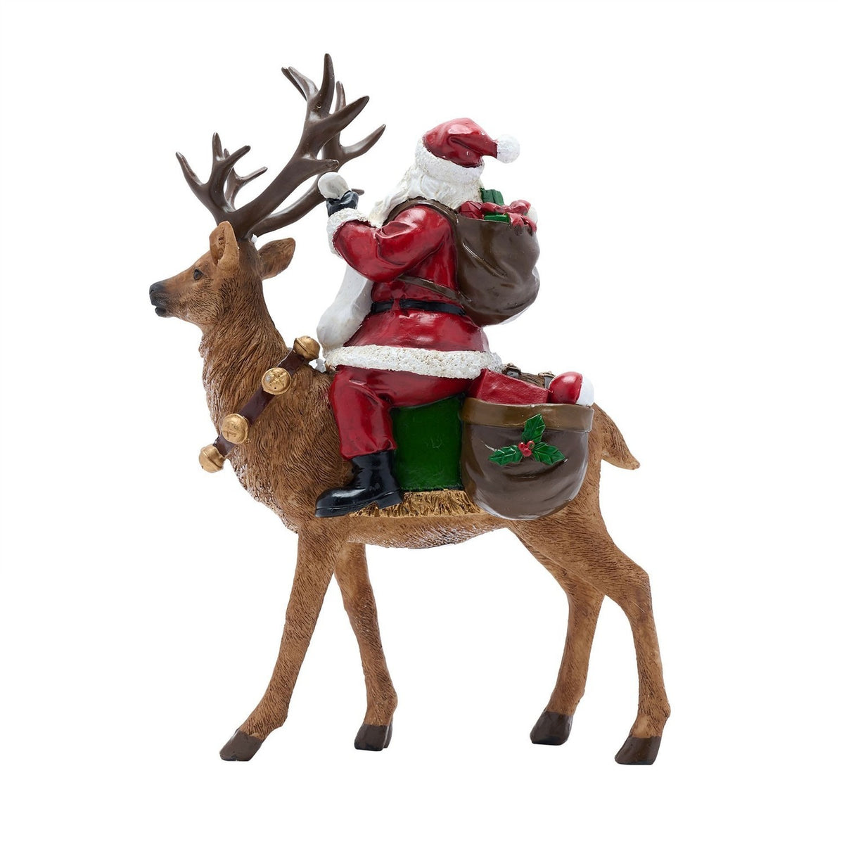 Father Christmas on Reindeer Resin Figurine with Bells - Red