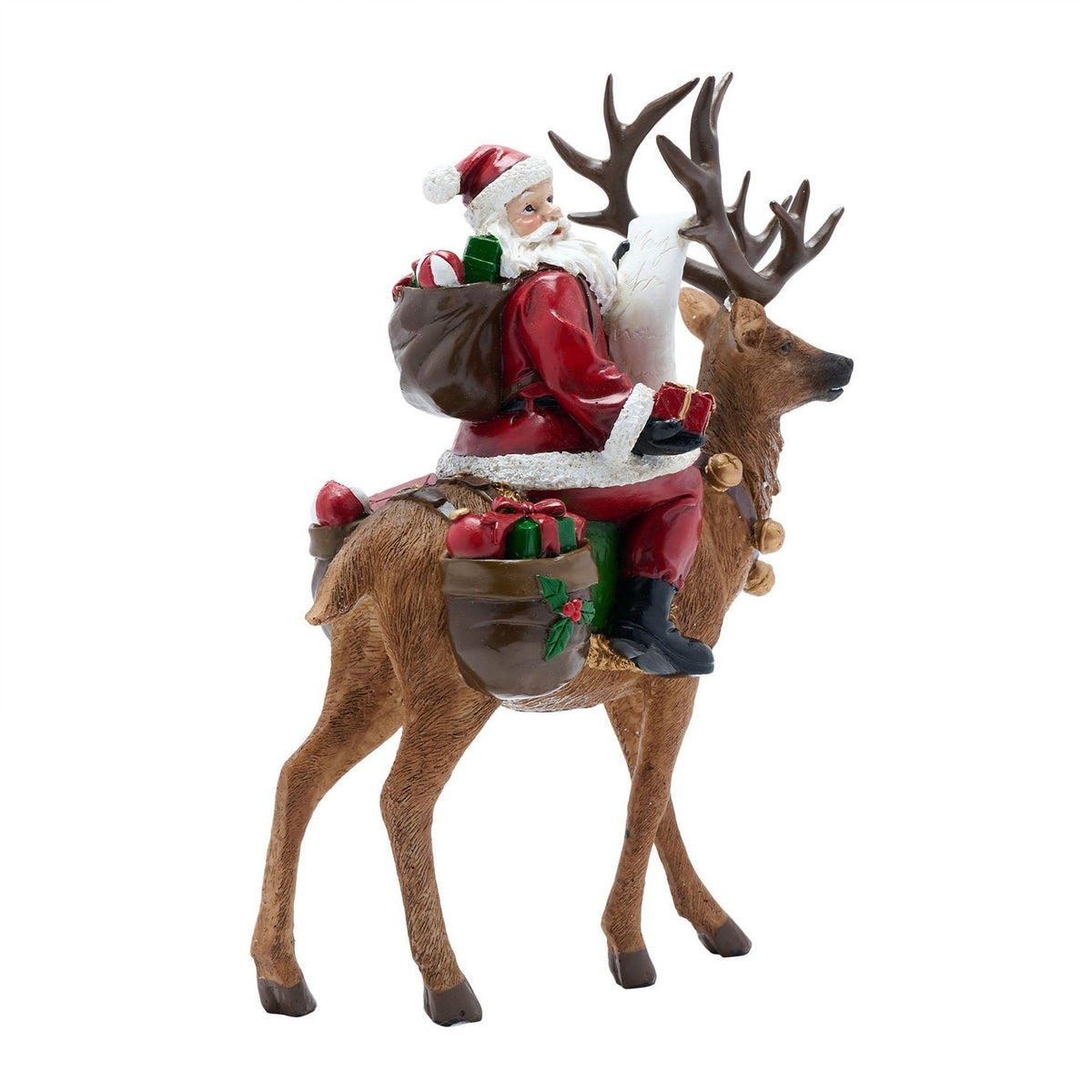 Father Christmas on Reindeer Resin Figurine with Bells - Red