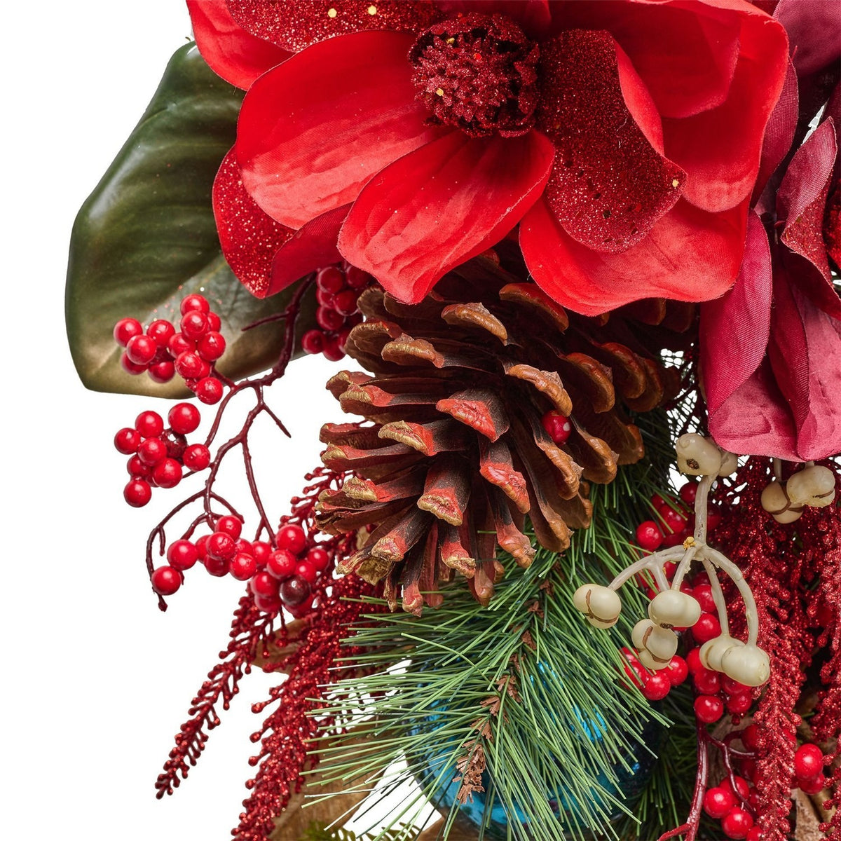 Faux Magnolia Garland with Baubles & Bell 100cm - Red & Green