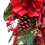 Faux Magnolia Garland with Baubles & Bell 100cm - Red & Green