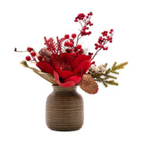 Magnolia, Berries & Pine Cone Faux Plant in Pot 31cm - Red