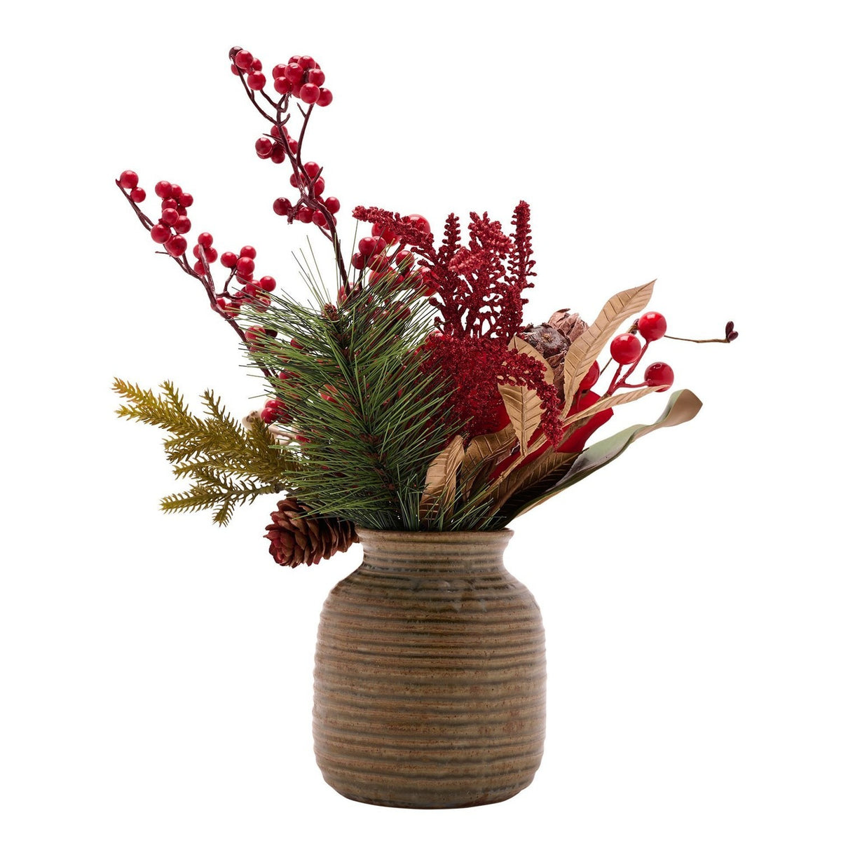 Magnolia, Berries & Pine Cone Faux Plant in Pot 31cm - Red
