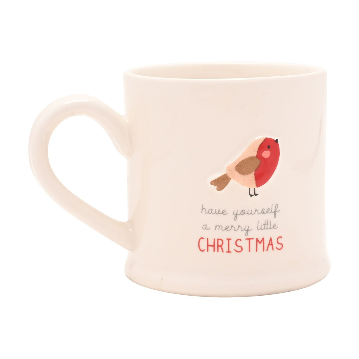 Merry Little Christmas Embossed Robin Stoneware Mug - White