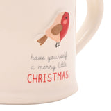 Merry Little Christmas Embossed Robin Stoneware Mug - White