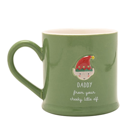 Green stoneware mug with a raised elf face in a red spotted hat, "DADDY from your cheeky little elf" printed in white, light interior, on a white background.