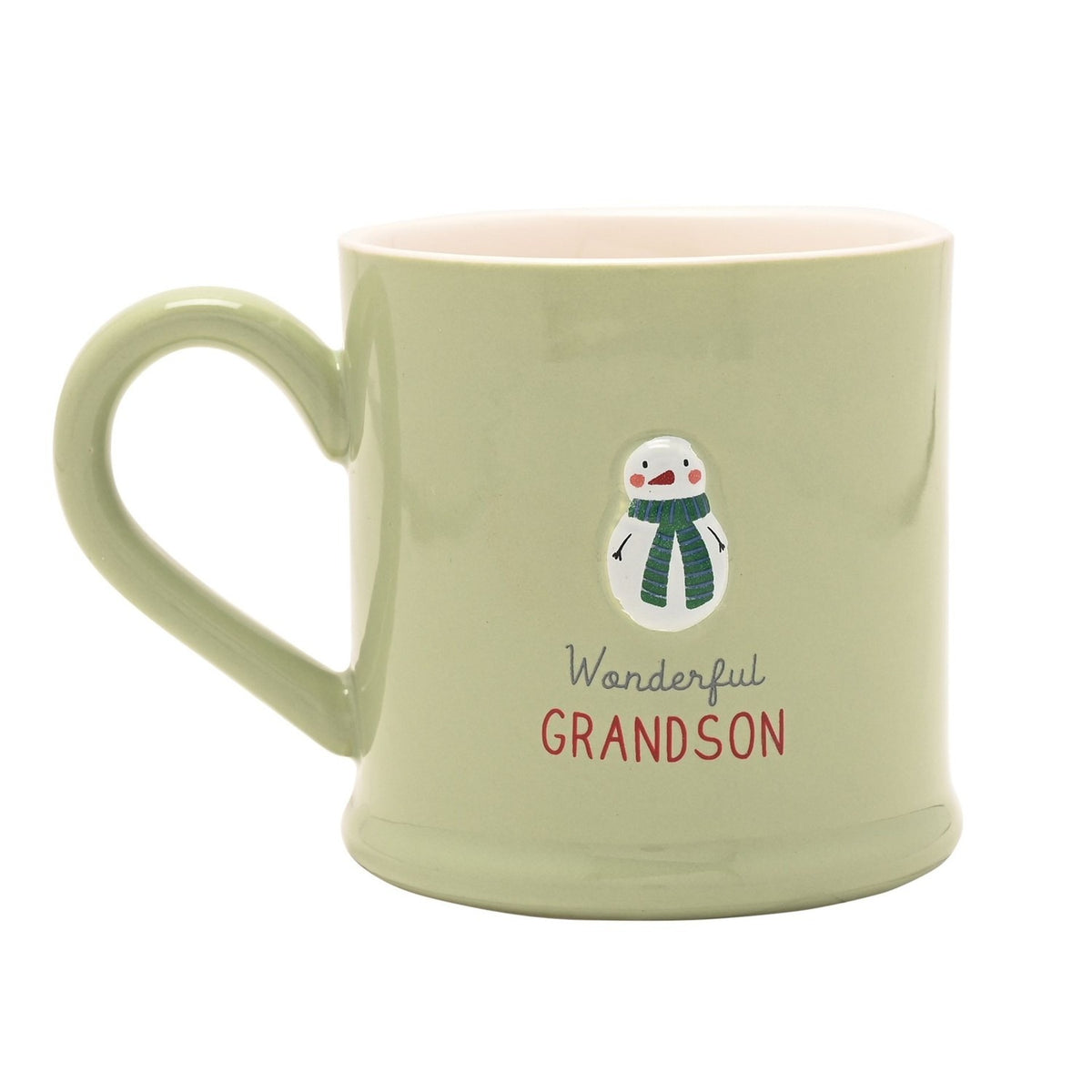 Green stoneware mug with a pink interior, featuring an embossed snowman in a striped scarf and "Wonderful GRANDSON" text, shown on a white background.