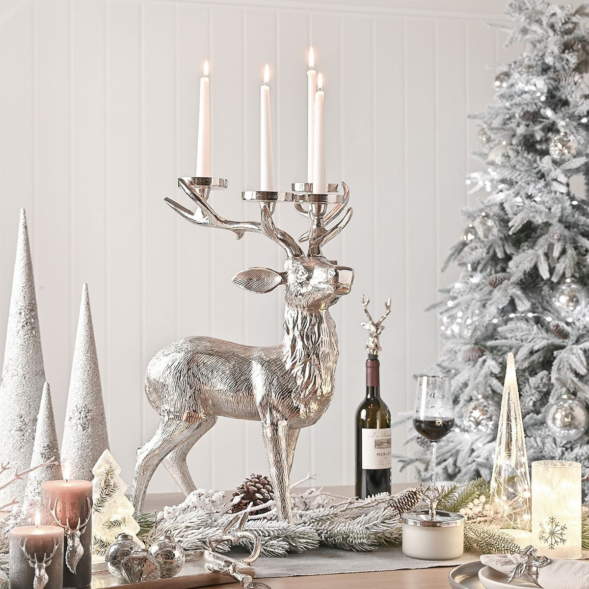 Stag Metal Candelabra with Four Antler Candle Cups - Silver