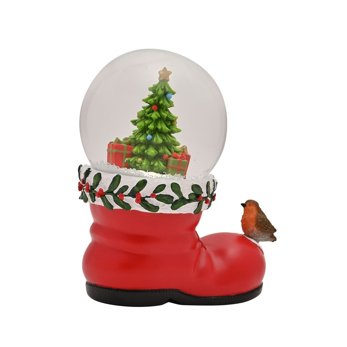 Santa Boot Snow Globe with Robin and Christmas Tree in red resin, featuring a holly-trimmed white cuff and a decorated tree dome, shown on a white background.