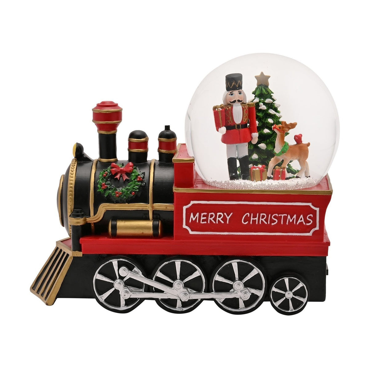 Nutcracker and Reindeer Steam Train Snow Globe - Red & Black
