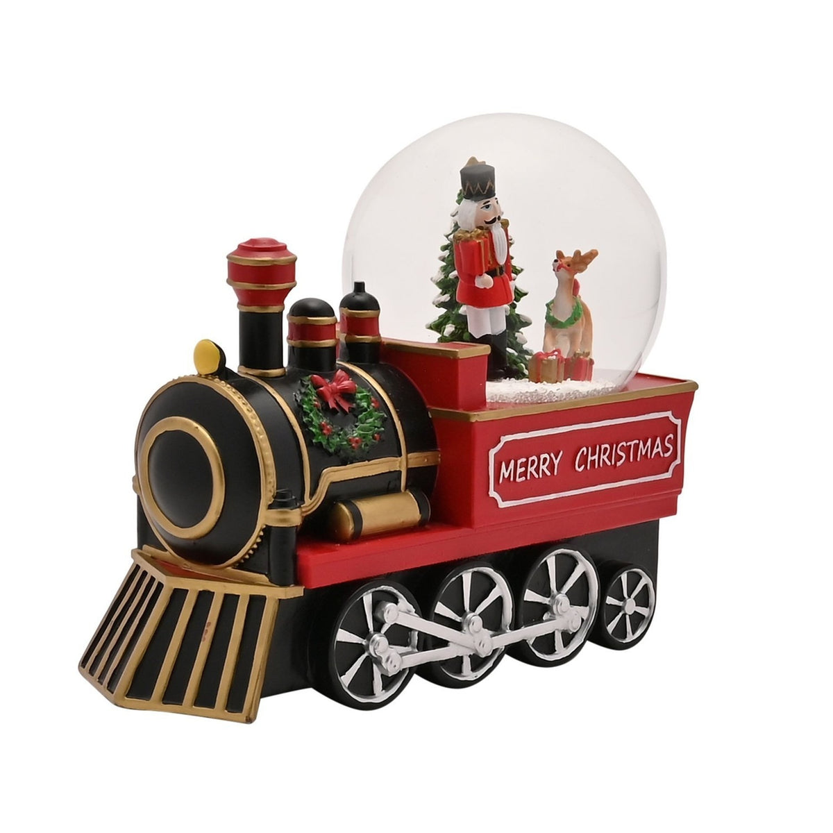 Nutcracker and Reindeer Steam Train Snow Globe - Red & Black