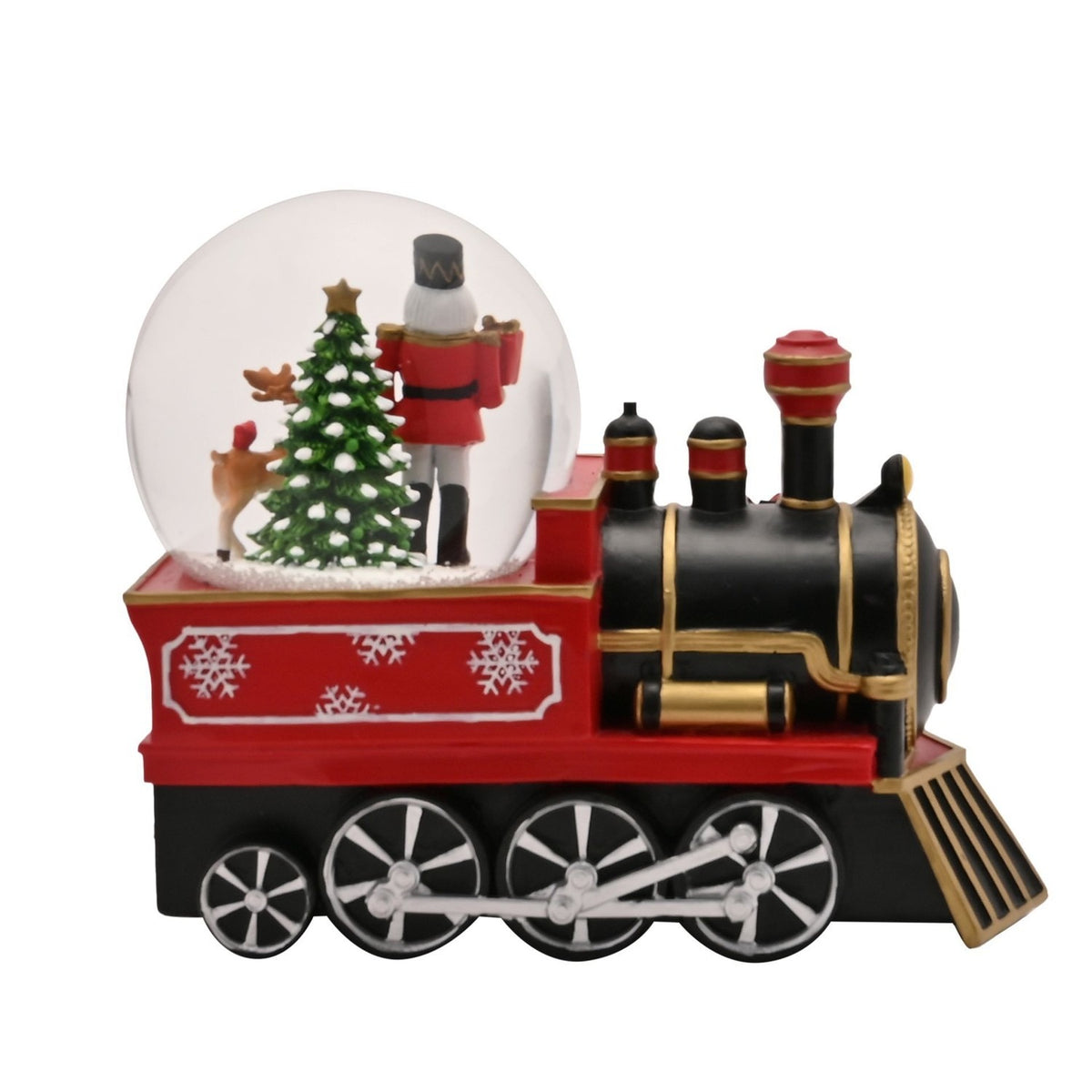 Nutcracker and Reindeer Steam Train Snow Globe - Red & Black