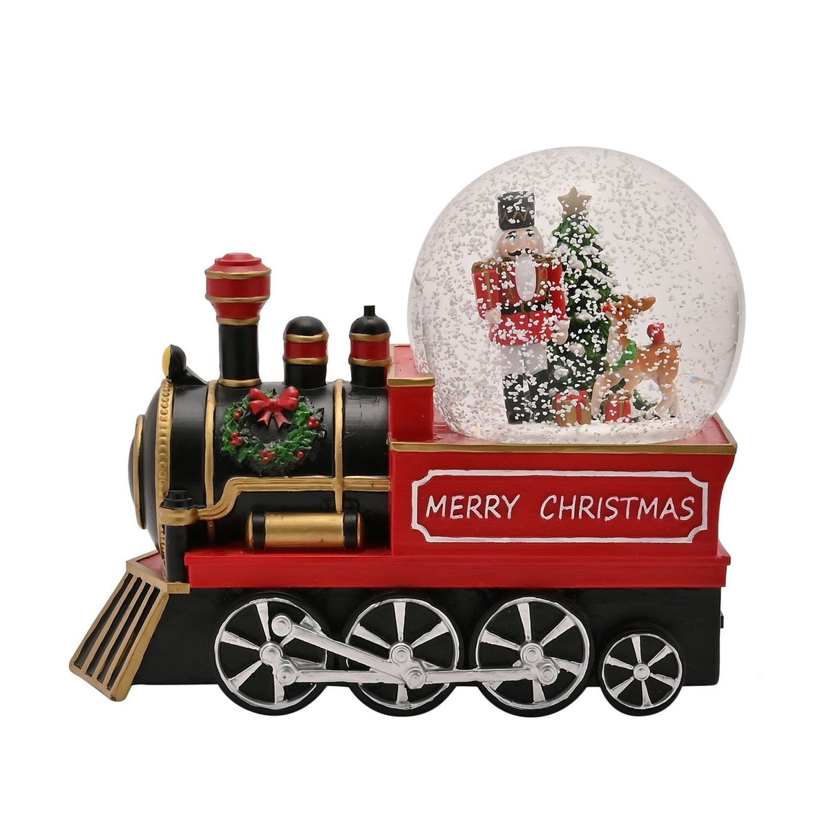 Nutcracker and Reindeer Steam Train Snow Globe - Red & Black