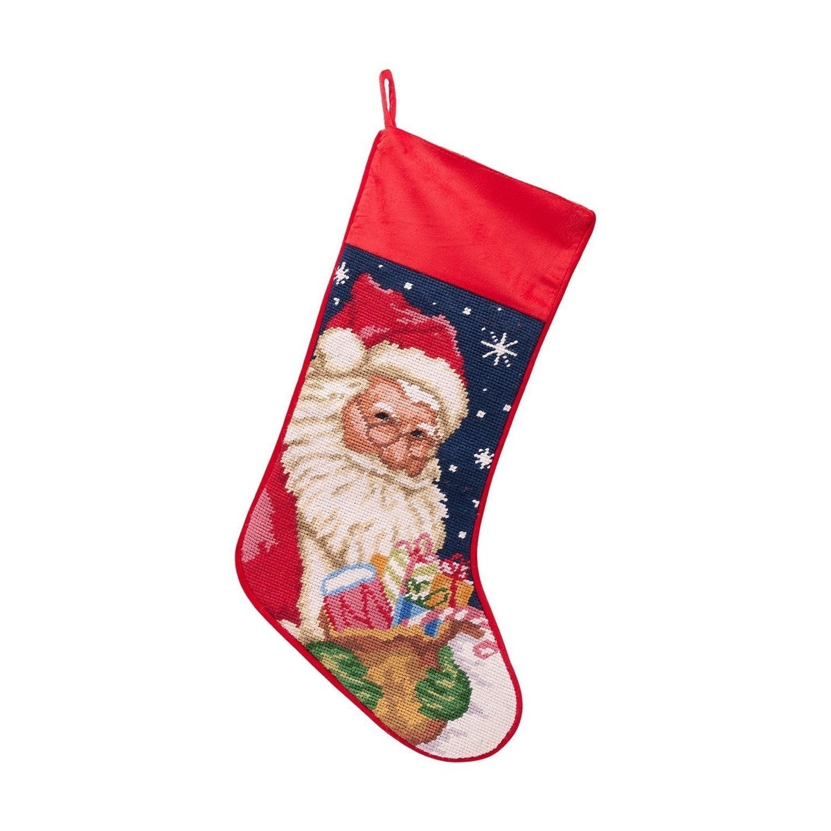 Needlepoint Santa Wool and Cotton Christmas Stocking - Red
