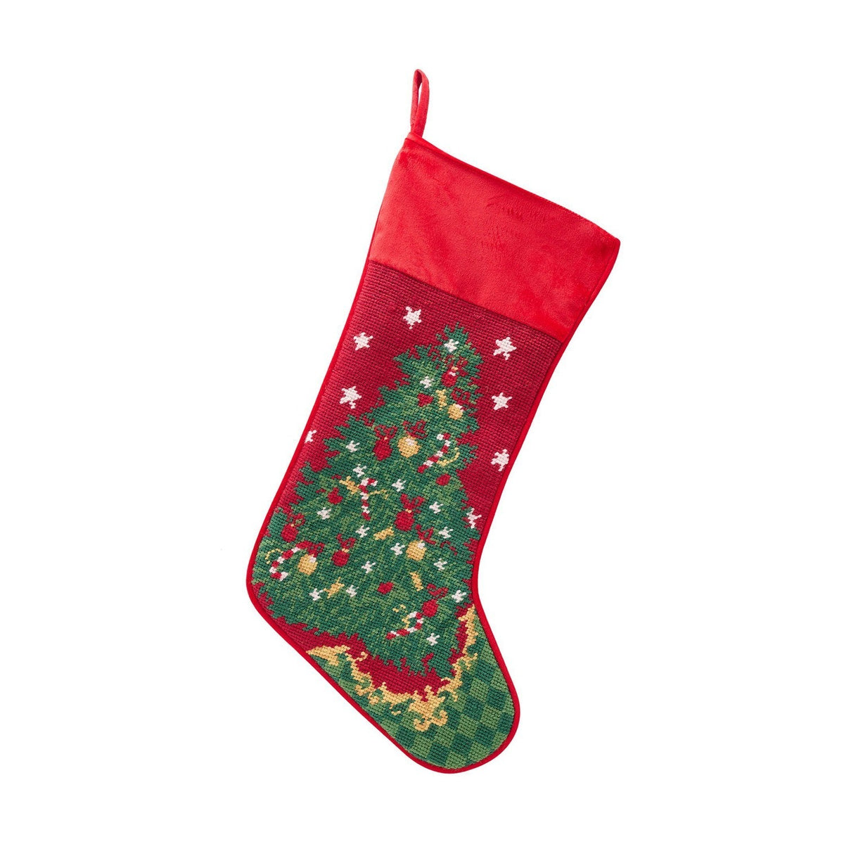 Needlepoint Christmas Tree Cotton and Wool Stocking - Red