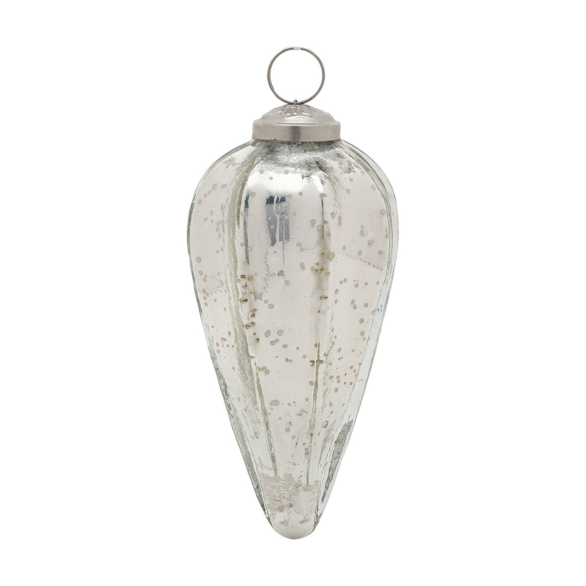 Large teardrop Christmas tree decoration in heavy glass with a speckled silver finish and ribbed vertical panels, shown with hanging loop on a plain white background.