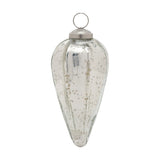 Large teardrop Christmas tree decoration in heavy glass with a speckled silver finish and ribbed vertical panels, shown with hanging loop on a plain white background.