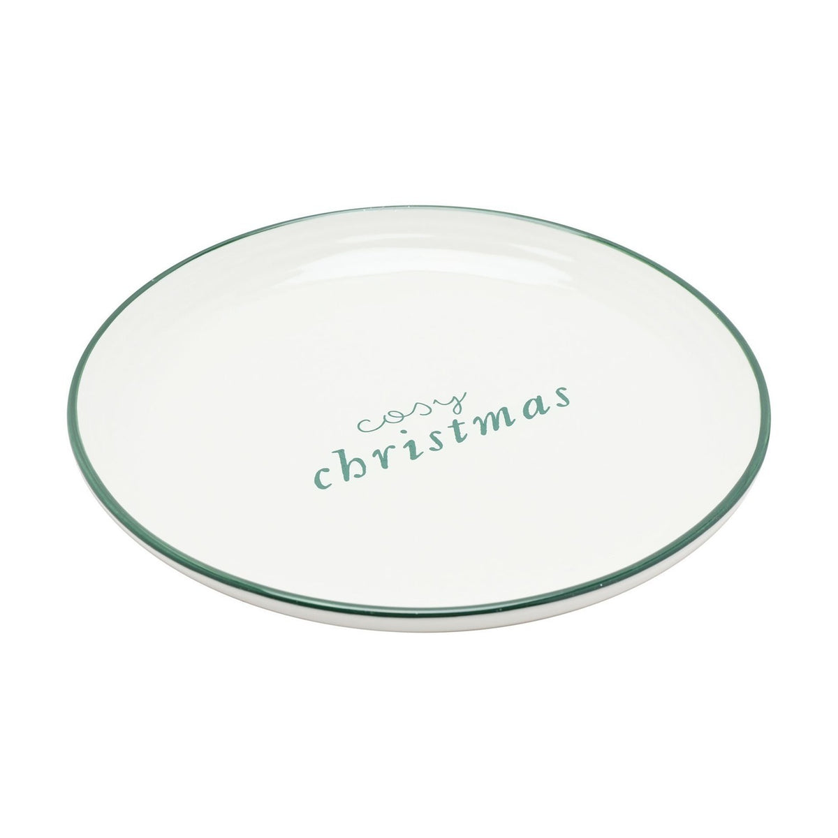 Small Round Christmas Stoneware Plate with Green Rim - White