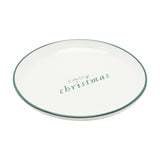 Small Round Christmas Stoneware Plate with Green Rim - White