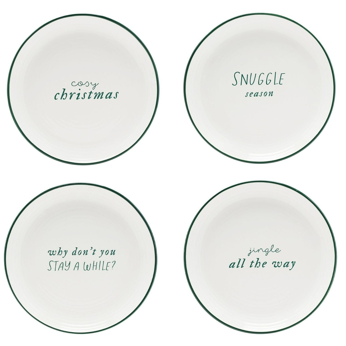 Small Round Christmas Stoneware Plate with Green Rim - White