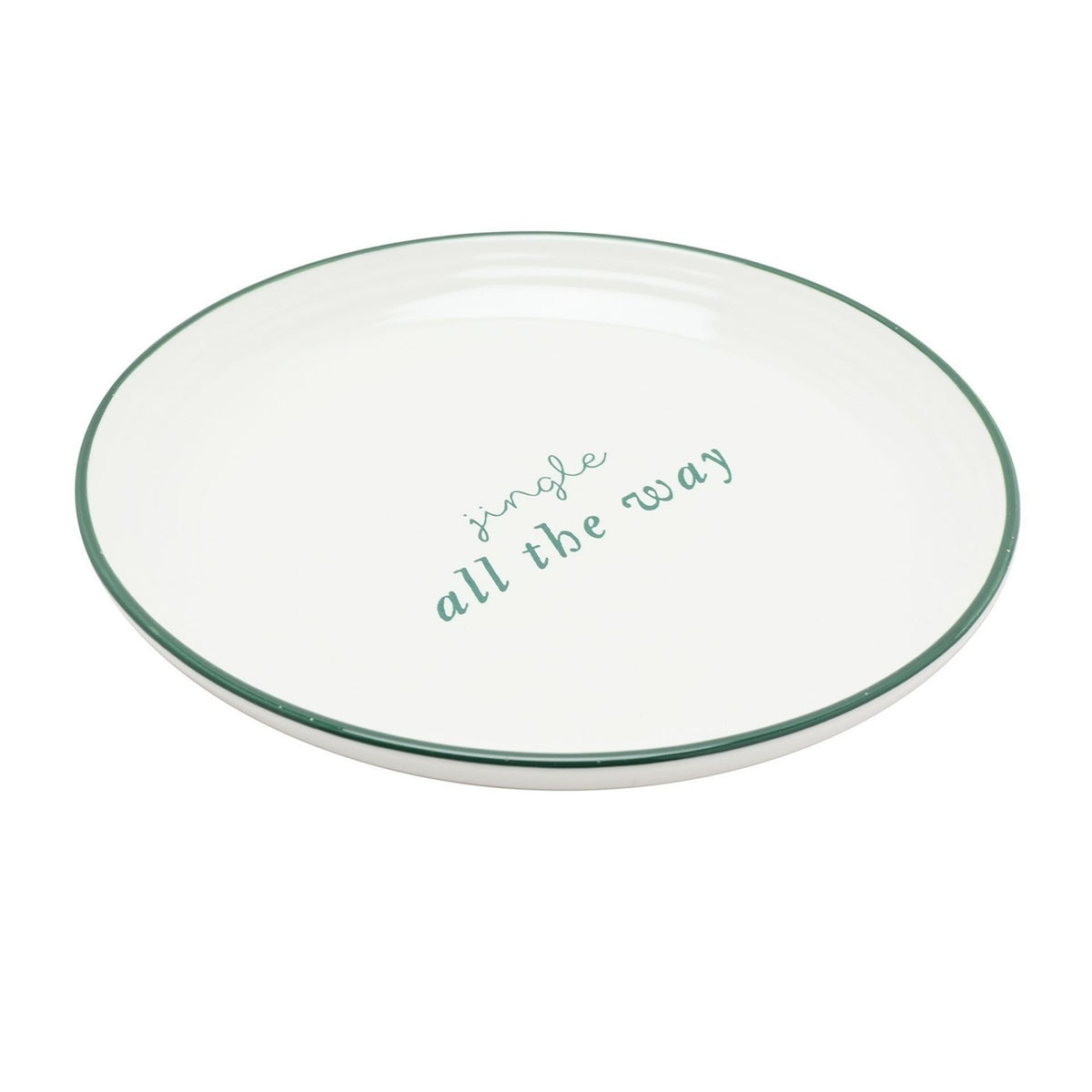 Small Round Christmas Stoneware Plate with Green Rim - White