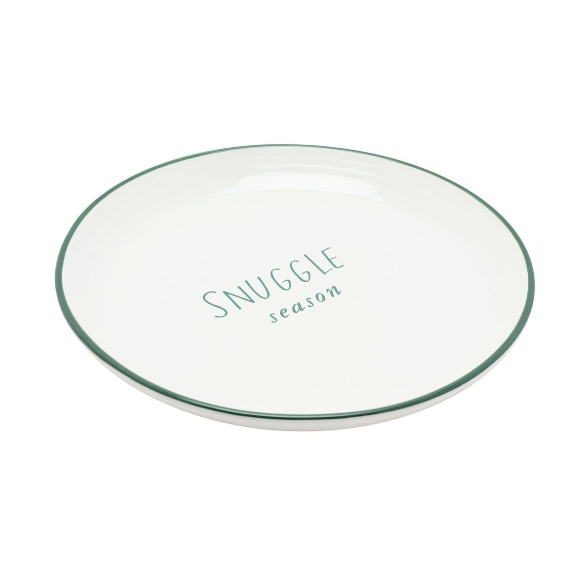 Small Round Christmas Stoneware Plate with Green Rim - White