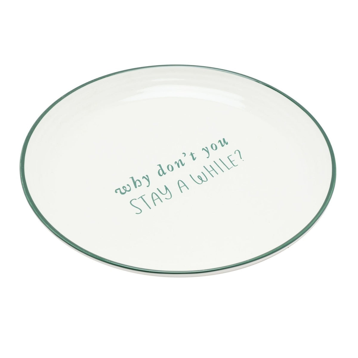 Small Round Christmas Stoneware Plate with Green Rim - White