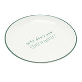 Small Round Christmas Stoneware Plate with Green Rim - White